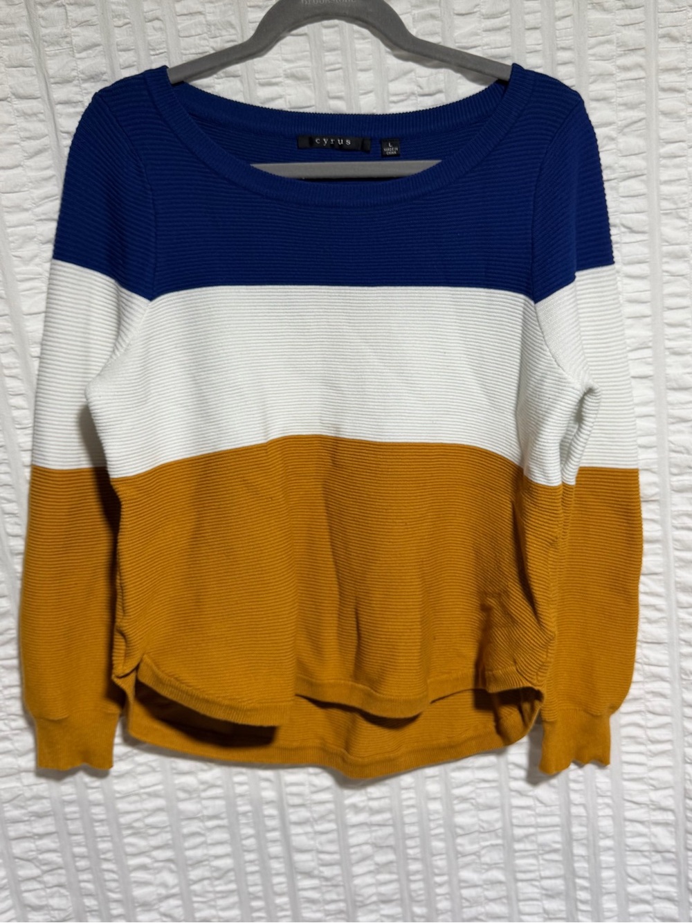 Cyrus Navy, White & Mustard Colorblock Crewneck Sweater